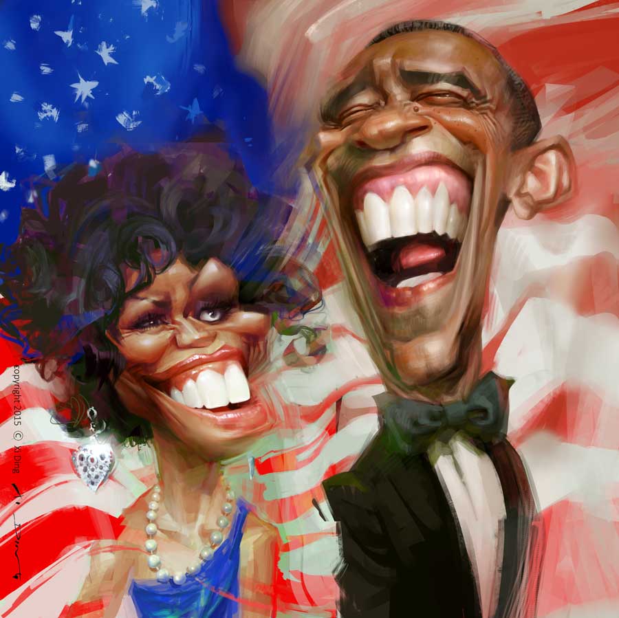 Karikatur von U.S. President Obama und seine Frau, Michelle, gezeichnet vom Karikaturist Xi Ding, kleine Version